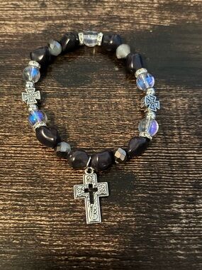 Silver Tone Cross Charm Black Beaded Stretch Bracelet - Women‎
